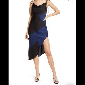 Amy Lynn Dress Womens Medium Black Blue Asymmetric Tie Strap Cow Neck High Low